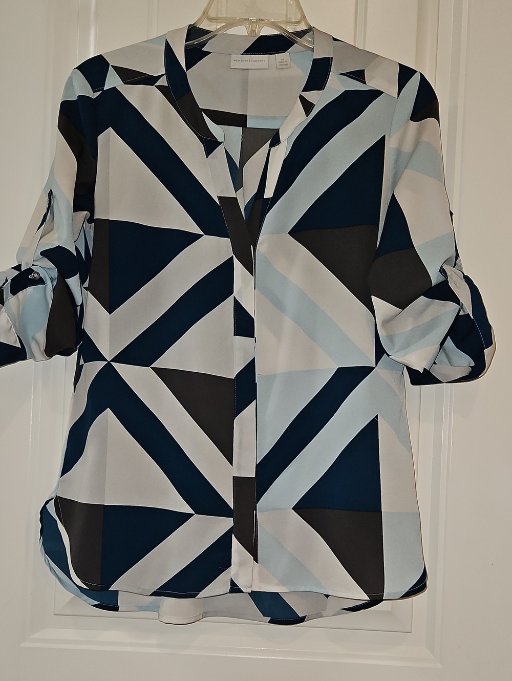 New York & Company Navy, Light Blue & White Geometric Blouse
